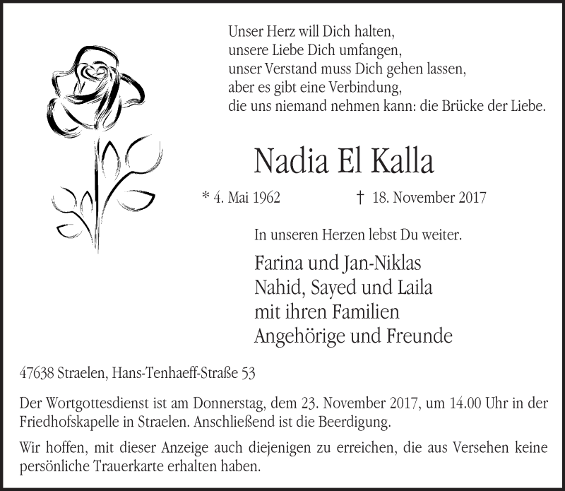  Traueranzeige für Nadia El Kalla vom 22.11.2017 aus 