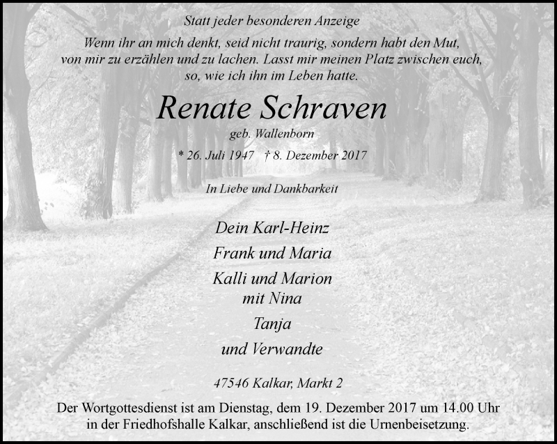  Traueranzeige für Renate Schraven vom 16.12.2017 aus 