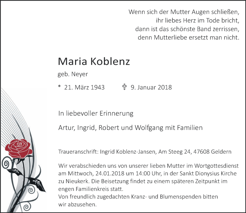  Traueranzeige für Maria Koblenz vom 17.01.2018 aus 