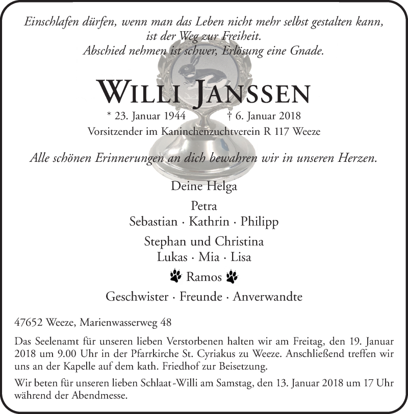  Traueranzeige für Willi Janssen vom 10.01.2018 aus 