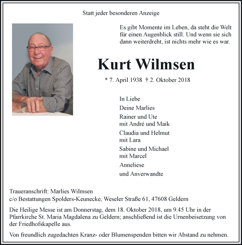  Traueranzeige für Kurt Wilmsen vom 13.10.2018 aus 