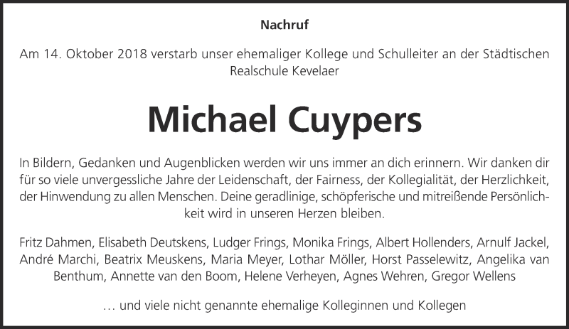  Traueranzeige für Michael Cuypers vom 27.10.2018 aus 
