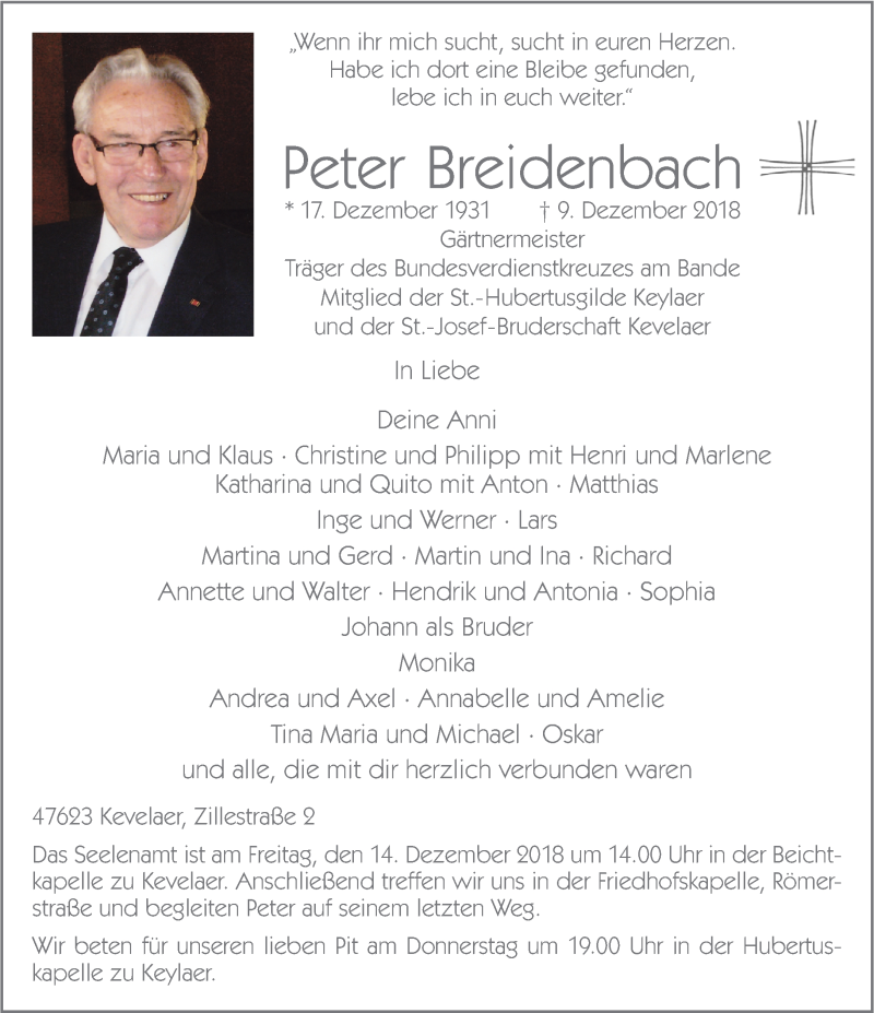  Traueranzeige für Peter Breidenbach vom 12.12.2018 aus 