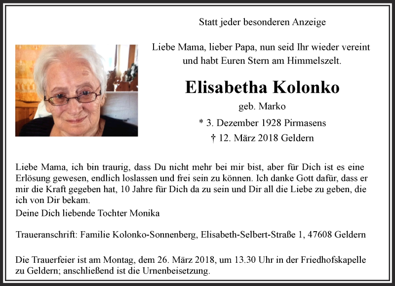  Traueranzeige für Elisabetha Kolonko vom 24.03.2018 aus 