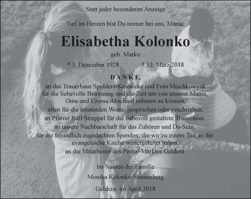  Traueranzeige für Elisabetha Kolonko vom 28.04.2018 aus 