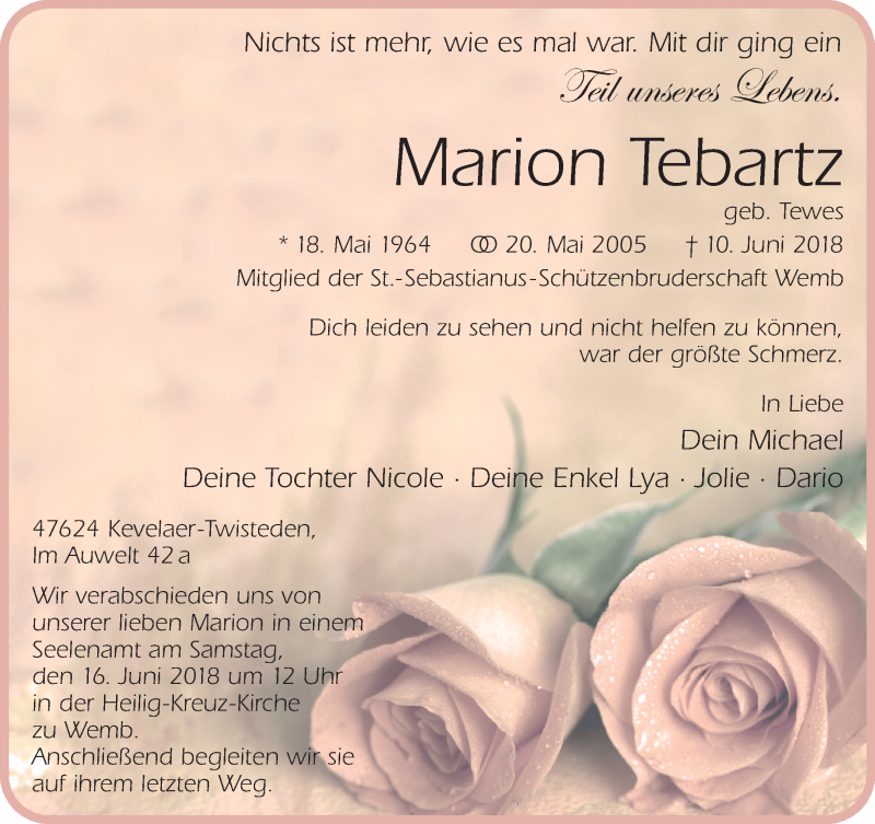  Traueranzeige für Marion Tebartz vom 13.06.2018 aus 