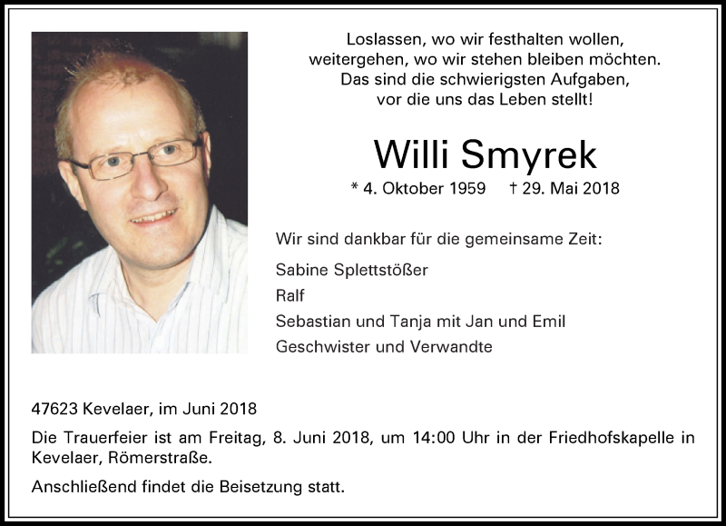  Traueranzeige für Willi Smyrek vom 06.06.2018 aus 