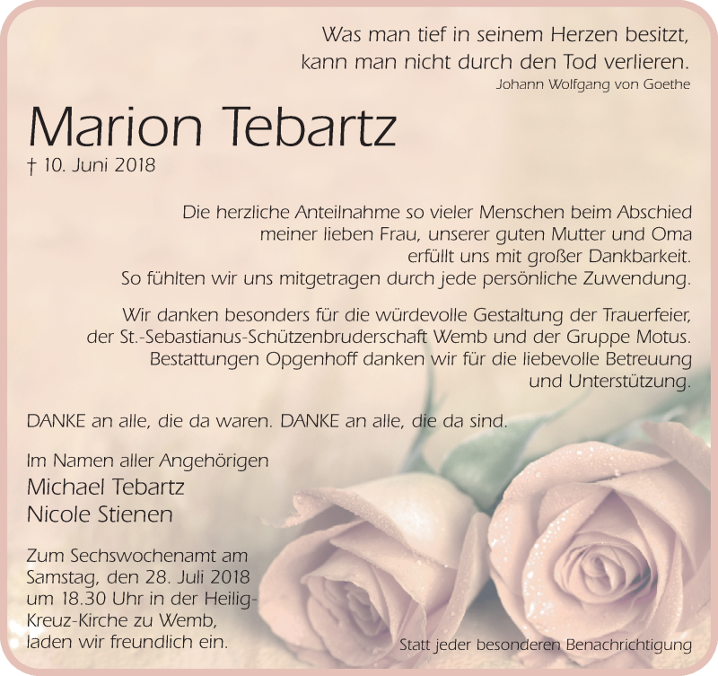  Traueranzeige für Marion Tebartz vom 21.07.2018 aus 