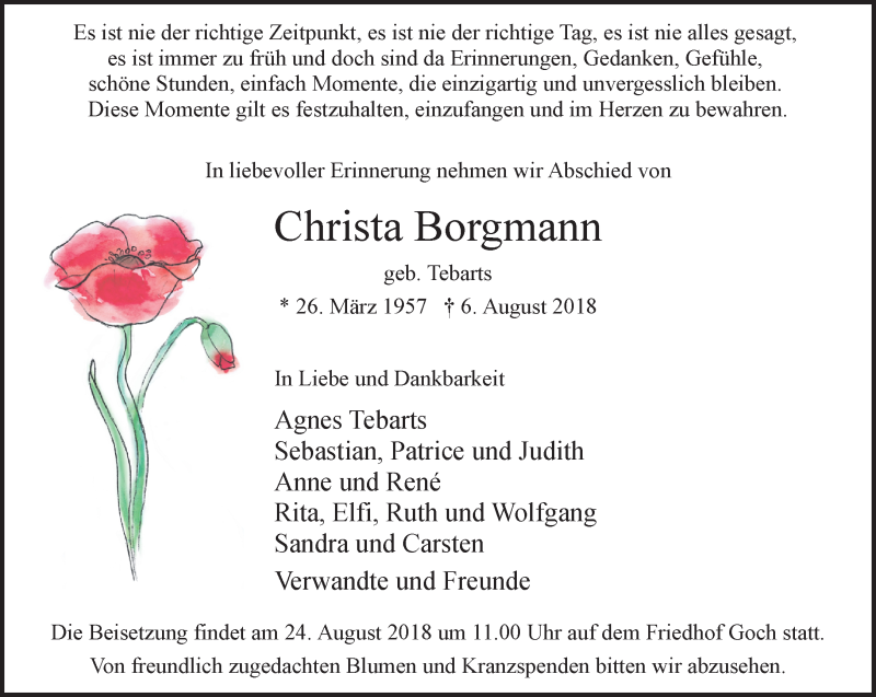  Traueranzeige für Christa Borgmann vom 18.08.2018 aus 