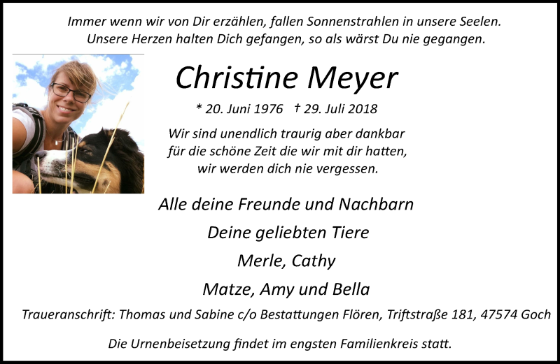  Traueranzeige für Christine Meyer vom 04.08.2018 aus 