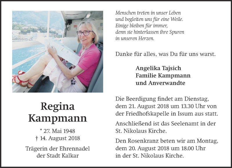 Traueranzeige für Regina Kampmann vom 18.08.2018 aus 