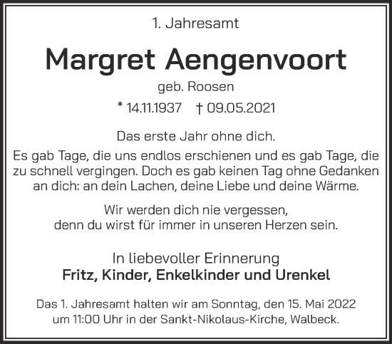 Traueranzeige von Margret Aengenvoort 