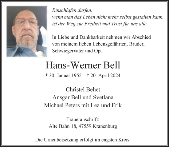 Traueranzeige von Hans-Werner Bell von NNA