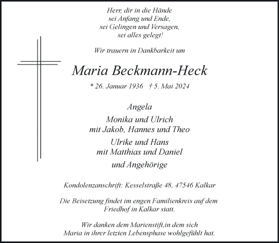 Traueranzeige von Maria Beckmann-Heck von NNA